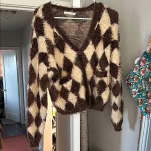 Brown and Cream Checkered Women's Sweater